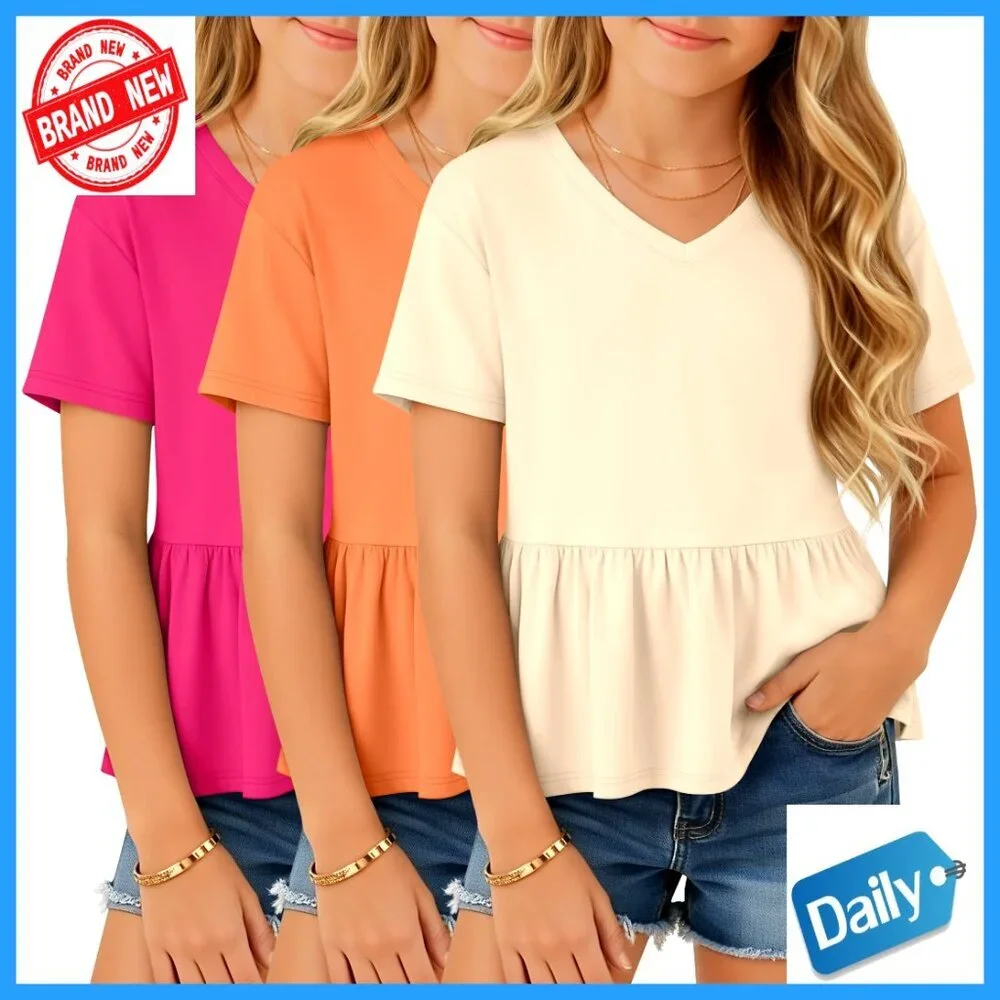 Girls 3-Pack Short Sleeve Peplum Babydoll Tunic Tees V-Neck Ruffle Hem